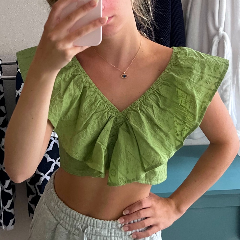 SHEIN green double V neck ruffle detail crop top